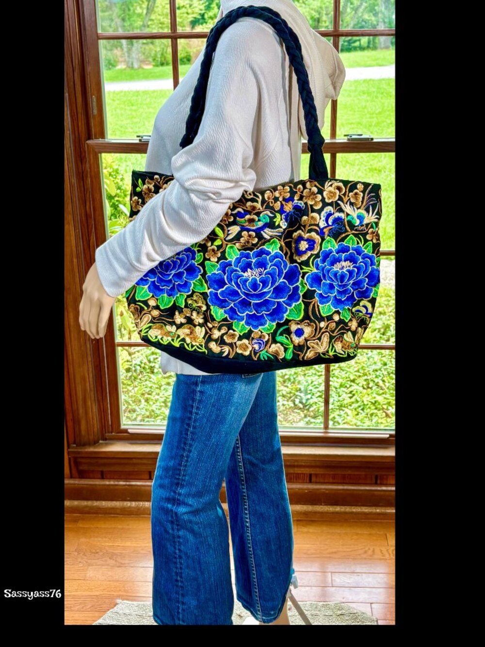 ▪️VTG▪️Large Embroidered Floral Bird Butterfly Braided Straps Cotton Canvas Bag - Picture 2 of 12